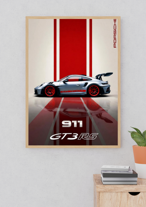 Porsche 911 GT3 RS Poster – Red & Silver Sports Car Wall Art