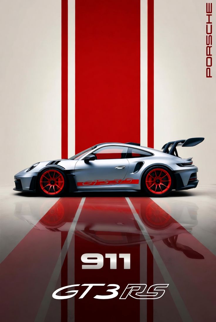 Porsche 911 GT3 RS Poster – Red & Silver Sports Car Wall Art